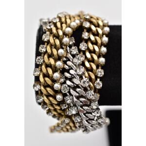 Stella & Dot Vintage Chunky Crystal Bangle 2-Tone Gold Silver Pearl Signed Bin6